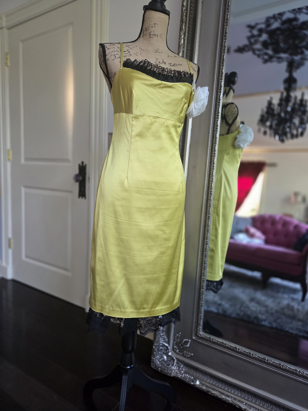 David Meister Yellow Satin Midi Dress with Black Lace 8